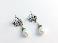 Sterling Silver leaf/bush stud w/ tourmaline & FW pearls dangle Earrings-garden