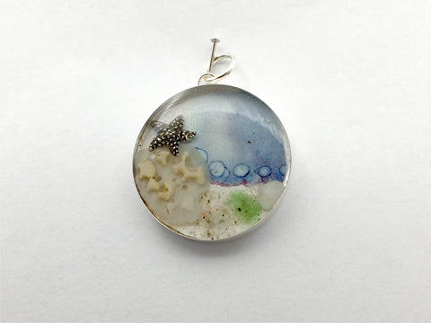 Sterling silver 25mm Round Pendant with Shells, Sand, Sea glass, Starfish, Surf City New Jersey Division Ave Beach, tide pool, star fish, alcohol ink