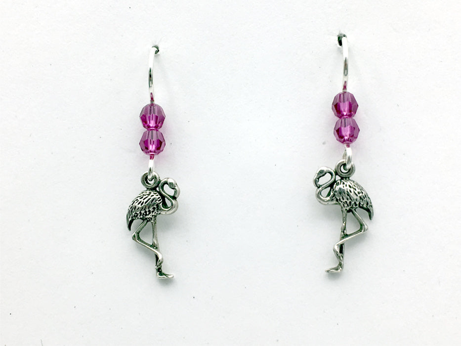 Sterling silver flamingo dangle earrings-bird-fuchsia pink  crystal, flamingoes
