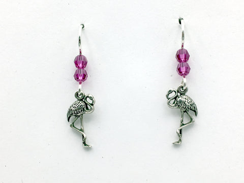 Sterling silver flamingo dangle earrings-bird-fuchsia pink  crystal, flamingoes