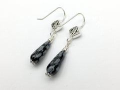 Pewter & Sterling Silver rhombus Celtic  knot dangle Earrings-snowflake Obsidian, knots