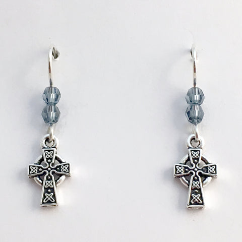 Pewter & Sterling silver small Celtic knot cross dangle earrings-denim blue crystal