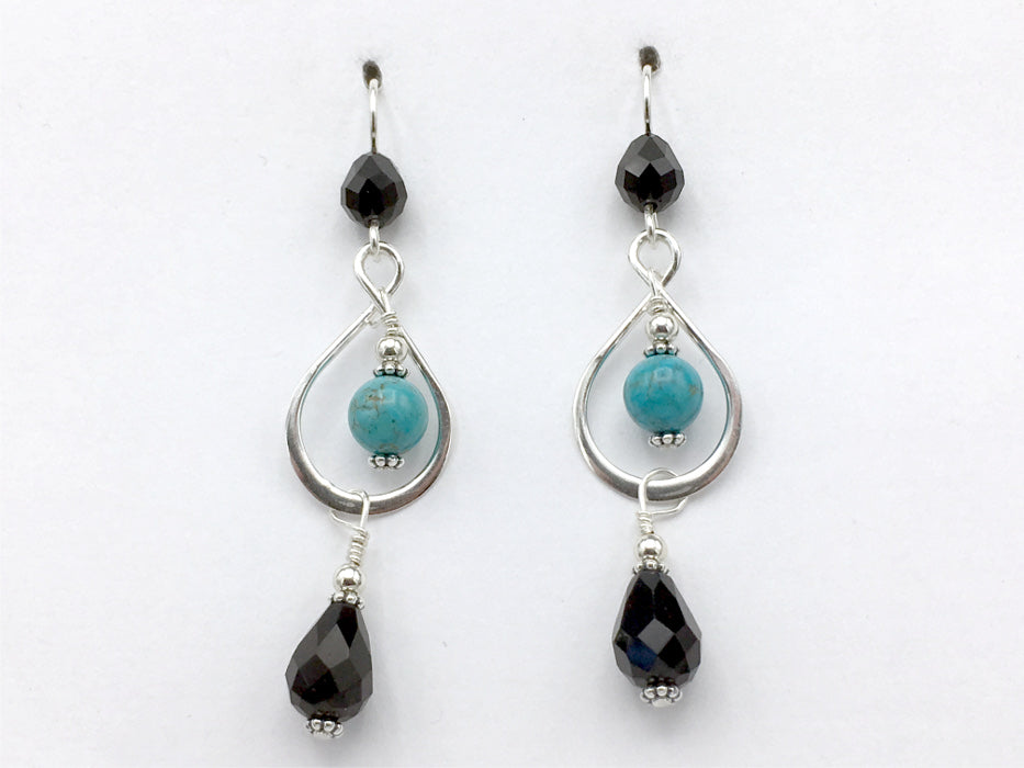Sterling Silver open twist drop Earrings- Turquoise, Black crystal