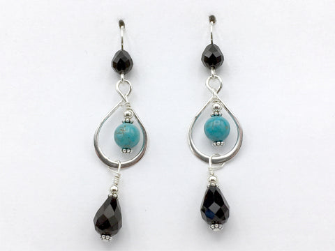 Sterling Silver open twist drop Earrings- Turquoise, Black crystal