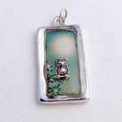 Pewter frame, sterling silver owl with moon pendant-resin, owls, bird, birds