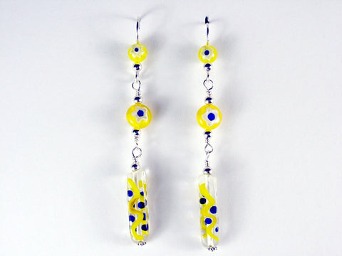 Sterling silver & yellow,cobalt blue glass beads dangle earrings-millefiori,fun