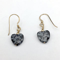 Snowflake Obsidian heart dangle earrings-love,14k gold filled wire, Valentine