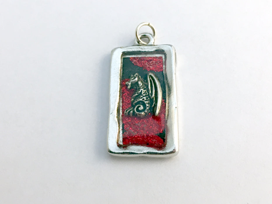 Pewter frame, sterling silver dragon pendant-resin,dragons, fantasy, red, spiral