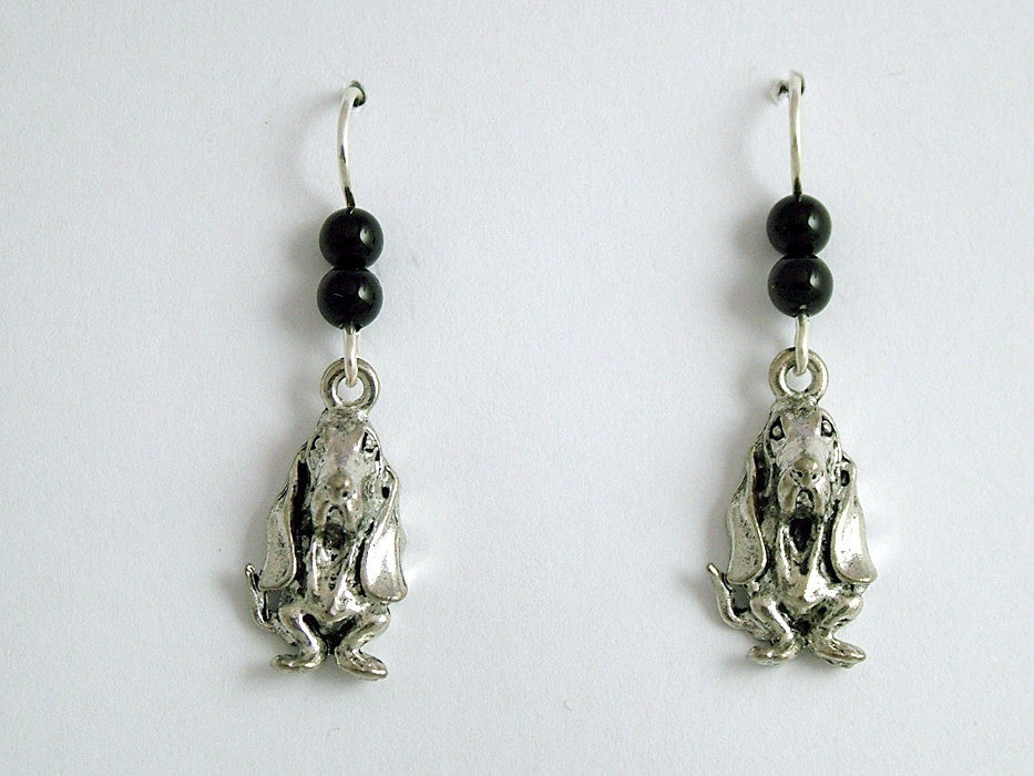 Pewter & sterling silver basset hound earrings-black onyx-dog, hounds, dogs