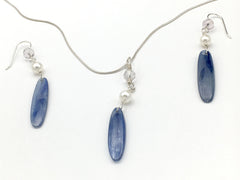 20 inch Sterling Silver snake chain with Kyanite, Freshwater Pearls, faceted Amethyst pendant and Earrings
