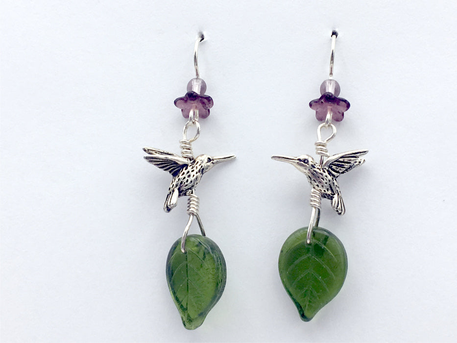 Pewter & Sterling silver hummingbird dangle earrings-purple flower and green glass leaves