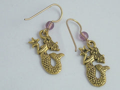 Gold Tone Pewter & 14k GF Mermaid w/ starfish dangle earrings-Fantasy- siren,sea