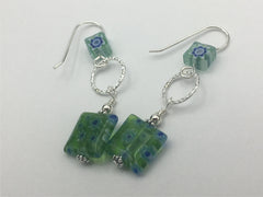 Sterling Silver Millefiori glass with textured link dangle earrings- green,white, blue