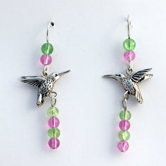 Pewter & Sterling silver hummingbird dangle earrings- green,hot pink glass, bird