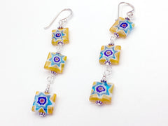 Sterling silver & millefiori yellow, aqua glass beads dangle earrings-bright,sun