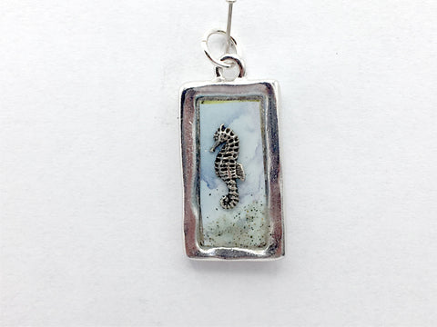 Pewter frame with sterling silver seahorse, sand and alcohol ink pendant-resin,ocean,sea horse