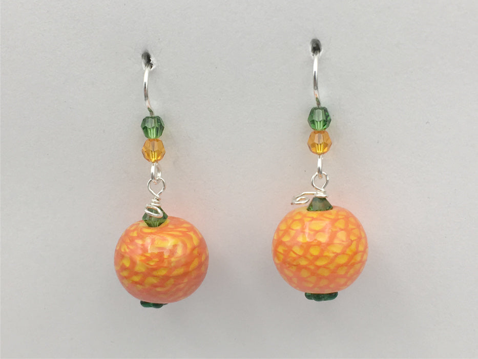 Sterling silver orange and yellow glass pumpkin dangle earrings-Halloween, fall, pumpkins