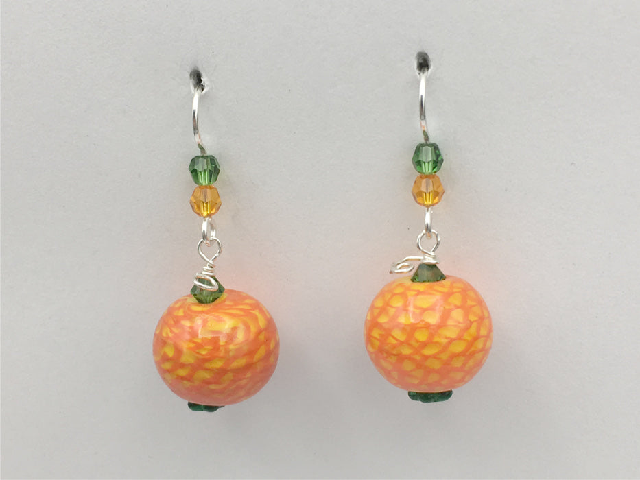 Sterling silver orange and yellow glass pumpkin dangle earrings-Halloween, fall, pumpkins