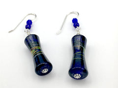 Cobalt Blue glass with orange, red, green & white swirl tube bead dangle earrings-sterling silver