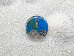 Sterling silver 25mm Round Pendant with striped Shells, Sand, Sea glass, Rocks, Sea Horse, Seahorse, Cayman Islands, tide pool,  beach comber, Alcohol ink