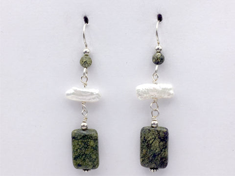 Sterling silver, Russian Serpentine, freshwater pearl dangle earrings, 2 1/4"
