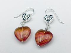 Pewter & sterling silver Celtic Knot Heart dangle earrings-orange and red glass-Valentine