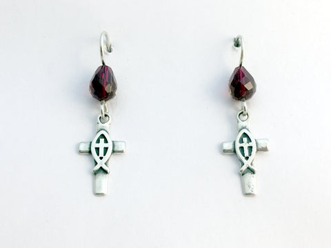 Sterling silver cross with Ichthus dangle earrings-religion-Jesus, faith,ichthys