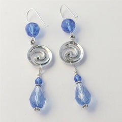 Sterling Silver double Spiral  Earrings-blue crystal, Celtic, Spirals, 2 1/2 in