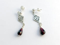 Sterling silver 4mm ball stud Celtic double knot  dangle earrings-garnet