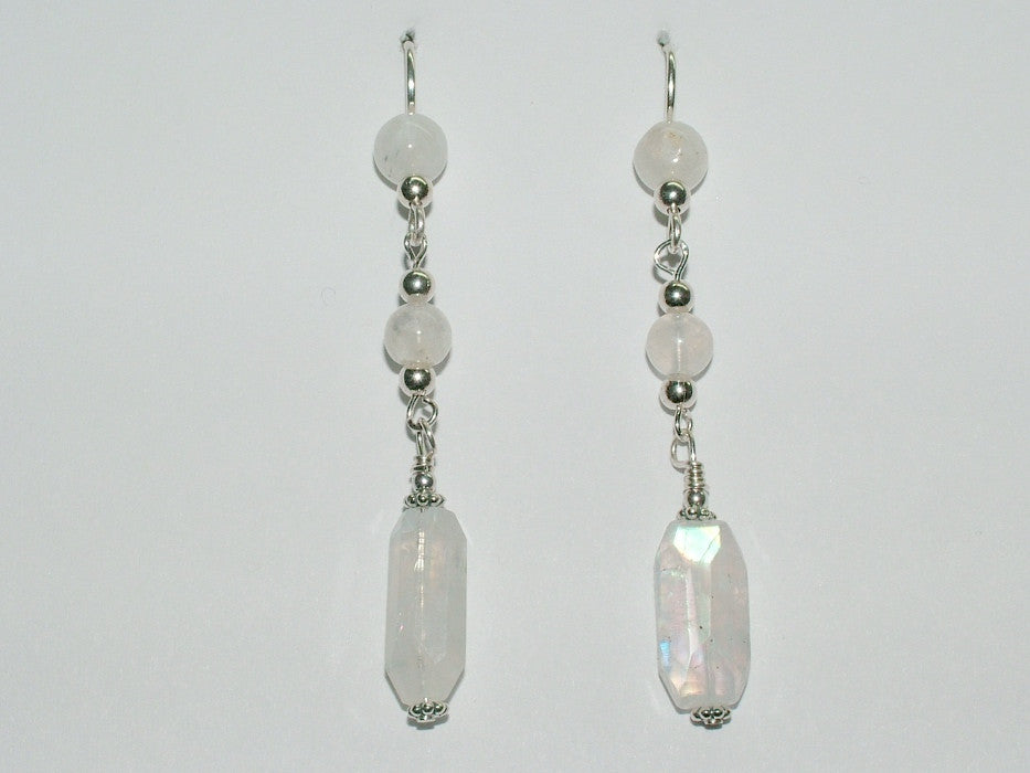 Sterling silver and Rainbow Moonstone  beads dangle earrings- Elegant, 2 3/8"