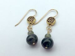 Gold tone Pewter &14k gf Celtic small Round Knot earrings- moss agate, green