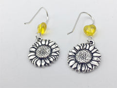 Pewter & Sterling Silver sunflower dangle earrings- sunflowers, gardener,yellow