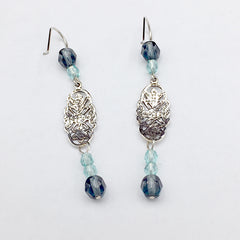 Sterling Silver flower scroll plaque dangle earrings-denim & aqua glass, flowers,floral