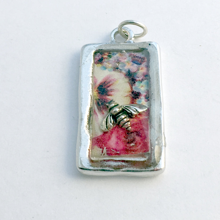Pewter frame, sterling silver bee and flower pendant-resin, pansy, bees, flowers
