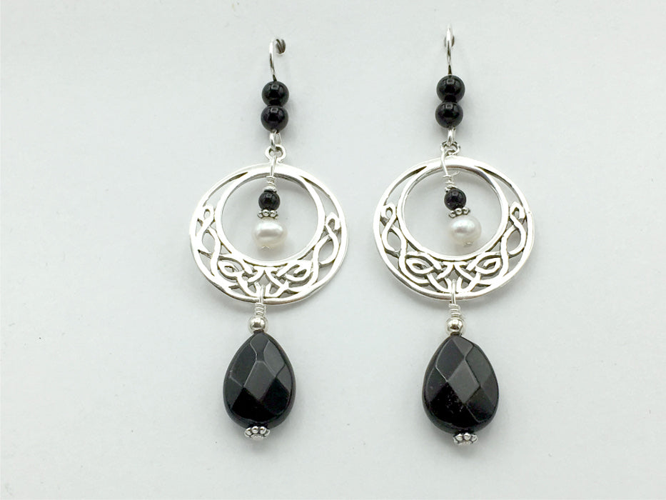 Sterling Silver Large Celtic Knot Circle dangle Earrings- Black Onyx, Freshwater Pearl