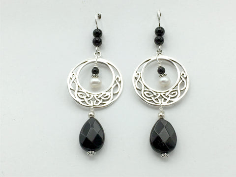 Sterling Silver Large Celtic Knot Circle dangle Earrings- Black Onyx, Freshwater Pearl