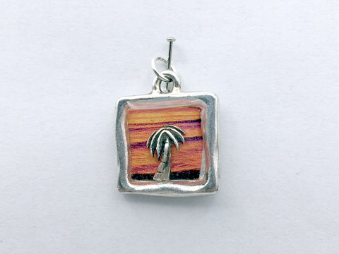 Pewter frame with orange and purple sunset & sterling silver tiny palm tree pendant-resin, tropics