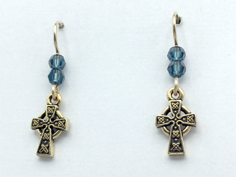Gold tone Pewter & 14k gf small Celtic Cross dangle earrings- Denim blue crystal