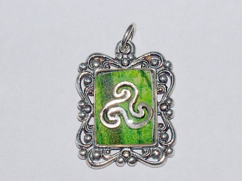 Sterling silver Ornate Rectangular Pendant with Triskelion, Green, Celtic