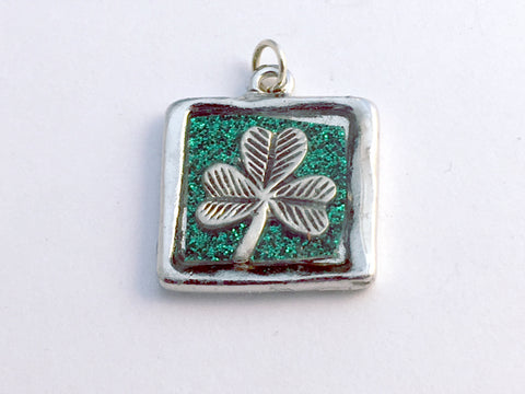 Pewter frame, glitter paper, sterling silver shamrock pendant-resin, St Patrick