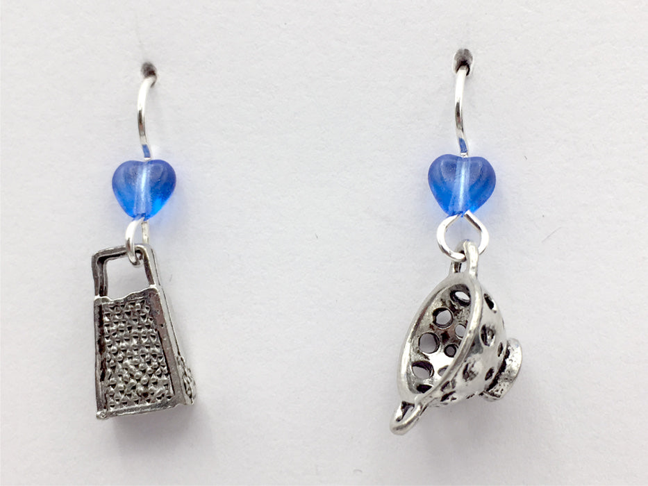 Pewter & Sterling Silver Colander & Grater dangle earrings- chef, cook, Utensils