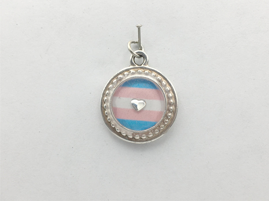 Round Pewter Transgender flag & sterling silver Heart pendant-resin,Pride,LGBTQ