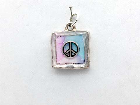Square Pewter & Sterling Silver Peace sign pendant-resin, world, peaceful, alcohol ink