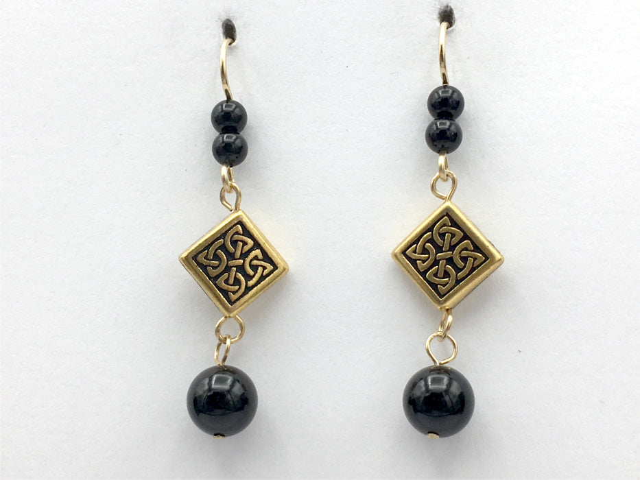 Gold tone Pewter & 14kgf Celtic Knot dangle earrings- Black Onyx , knots, 2"