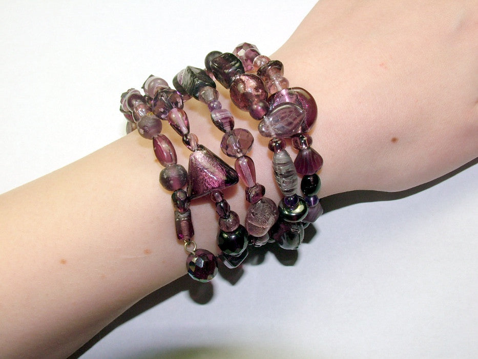 4 Strand Glass lampwork bead, crystal and amethyst bead Memory Wire Bracelet,  Purples