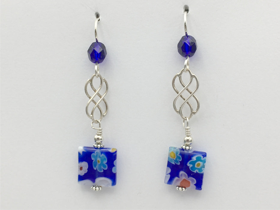 Sterling Silver Celtic Knot dangle earrings- Millefiori glass, cobalt blue, white, flowers
