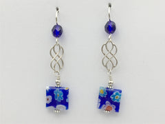 Sterling Silver Celtic Knot dangle earrings- Millefiori glass, cobalt blue, white, flowers