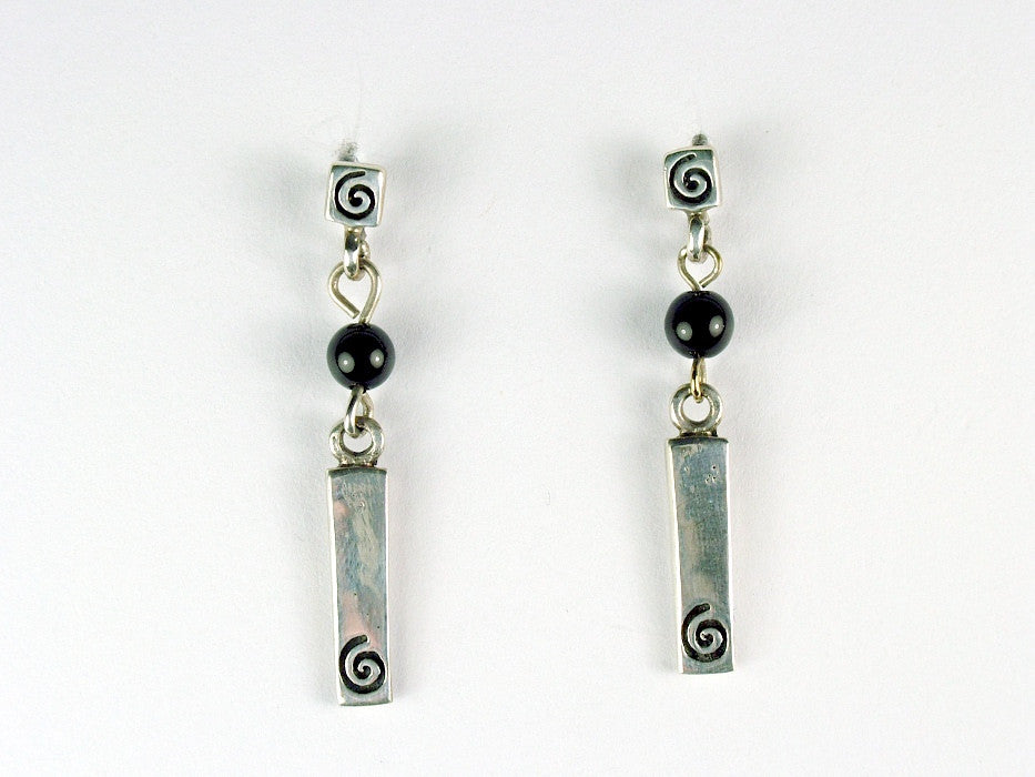 Sterling Silver Spiral rectangle stud Earrings-black onyx , spirals, studs