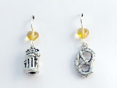 Pewter & Sterling silver beer stein & pretzel dangle Earrings-soft pretzels,bier