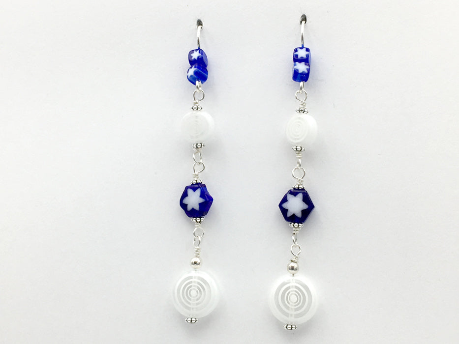 Sterling silver & Cobalt blue and white glass star and circle beads dangle earrings